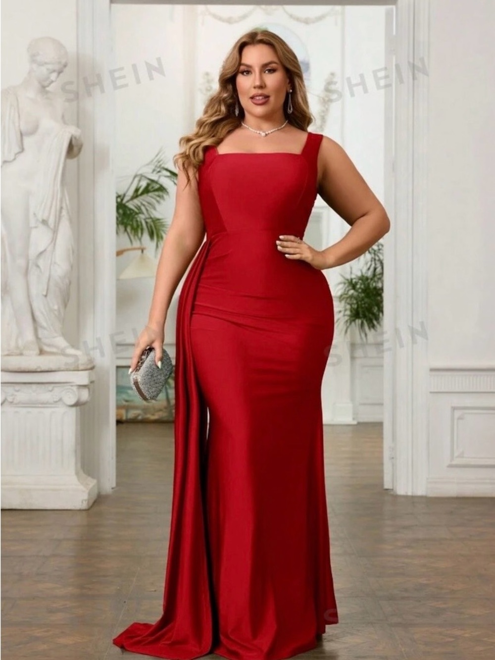 SHEIN Red Square-Neck Maxi Evening Dress